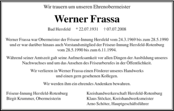 Traueranzeige von Werner Frassa von HERSFELDER ZEITUNG