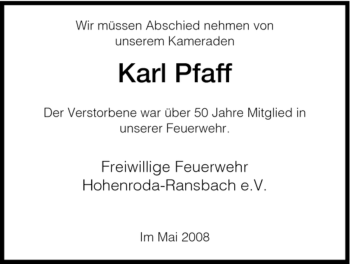 Traueranzeige von Karl Pfaff von HERSFELDER ZEITUNG