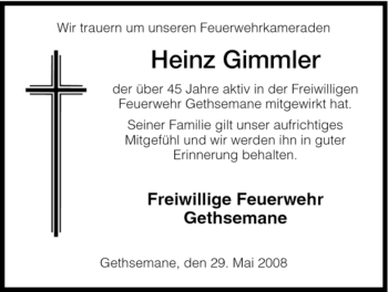 Traueranzeige von Heinz Gimmler von HERSFELDER ZEITUNG