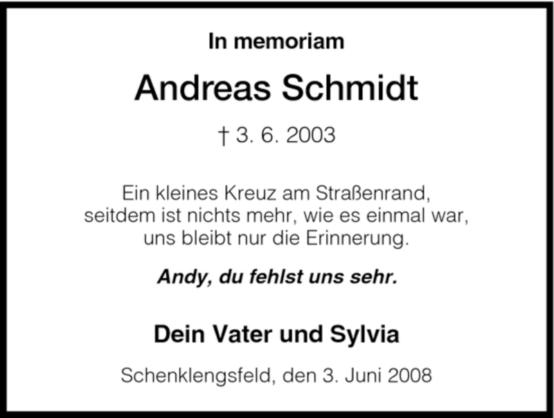  Traueranzeige für Andreas Schmidt vom 03.06.2008 aus HERSFELDER ZEITUNG