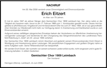 Traueranzeige von Erich Eitzert von HERSFELDER ZEITUNG