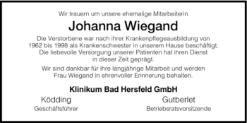 Traueranzeige von Johanna Wiegand von HERSFELDER ZEITUNG