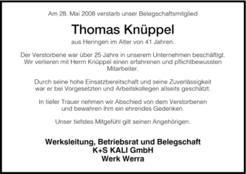 Traueranzeige von Thomas Knüppel von HERSFELDER ZEITUNG