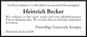 Traueranzeige von Heinrich Becker von HERSFELDER ZEITUNG