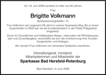 Traueranzeige von Brigitte Volkmann von HERSFELDER ZEITUNG