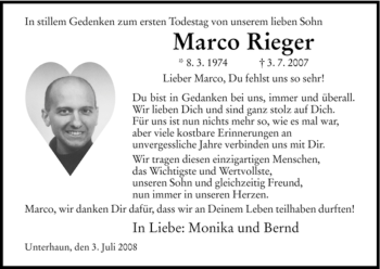 Traueranzeige von Marco Rieger von HERSFELDER ZEITUNG