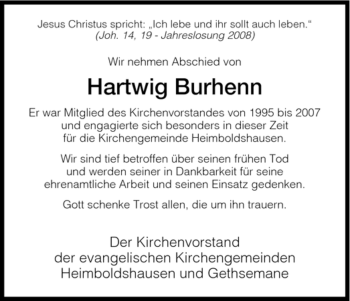 Traueranzeige von Hartwig Burhenn von HERSFELDER ZEITUNG