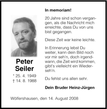 Traueranzeige von Peter Seiler von HERSFELDER ZEITUNG