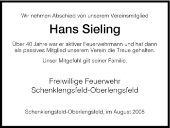 Traueranzeige von Hans Sieling von HERSFELDER ZEITUNG