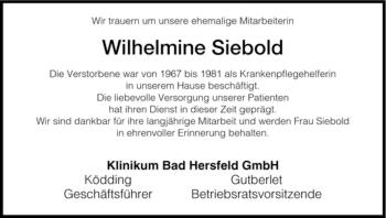 Traueranzeige von Wilhelmine Siebold von HERSFELDER ZEITUNG