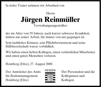 Traueranzeige von Juergen Reinmueller von HERSFELDER ZEITUNG