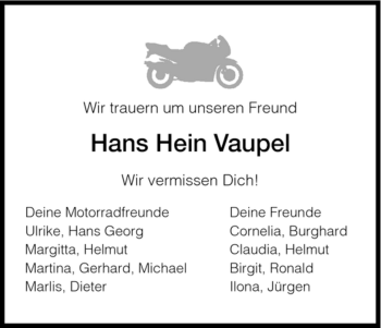 Traueranzeige von Hans Hein Vaupel von HERSFELDER ZEITUNG