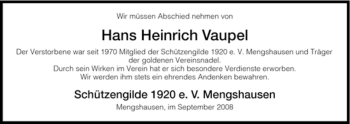 Traueranzeige von Hans Heinrich Vaupel von HERSFELDER ZEITUNG