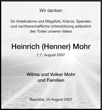 Traueranzeige von Heinrich Mohr von HERSFELDER ZEITUNG