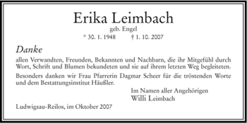 Traueranzeige von Erika Leimbach von HERSFELDER ZEITUNG