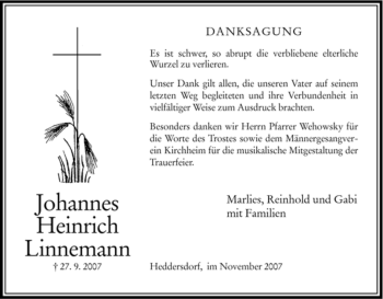 Traueranzeige von Johannes Heinrich Linnemann von HERSFELDER ZEITUNG