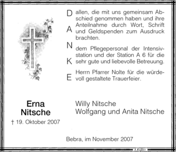 Traueranzeige von Erna Nitsche von HERSFELDER ZEITUNG