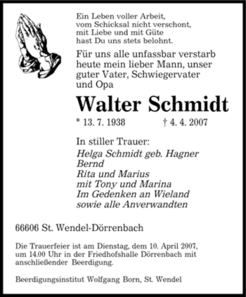 Traueranzeige von Walter Schmidt von HERSFELDER ZEITUNG