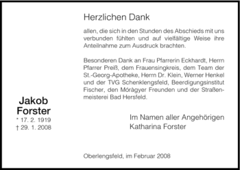 Traueranzeige von Jakob Forster von HERSFELDER ZEITUNG