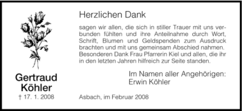 Traueranzeige von Gertraud Köhler von HERSFELDER ZEITUNG