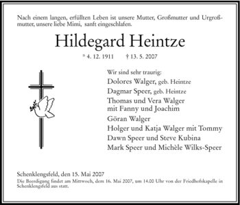 Traueranzeige von Hildegard Heintze von HERSFELDER ZEITUNG