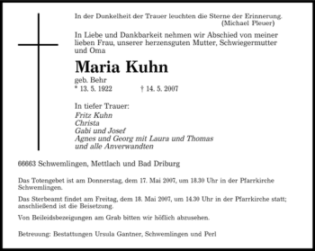 Traueranzeige von Maria Kuhn von HERSFELDER ZEITUNG