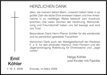Traueranzeige von Emil Köhler von HERSFELDER ZEITUNG