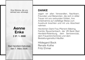 Traueranzeige von Aenne Enke von HERSFELDER ZEITUNG