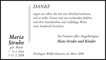 Traueranzeige von Maria Strube von HERSFELDER ZEITUNG