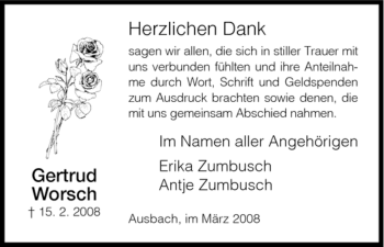 Traueranzeige von Gertrud Worsch von HERSFELDER ZEITUNG