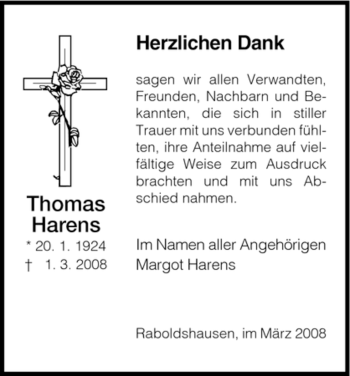 Traueranzeige von Thomas Harens von HERSFELDER ZEITUNG