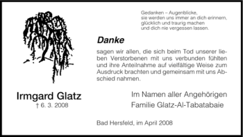 Traueranzeige von Irmgard Glatz von HERSFELDER ZEITUNG