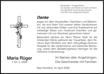Traueranzeige von Maria Rüger von HERSFELDER ZEITUNG