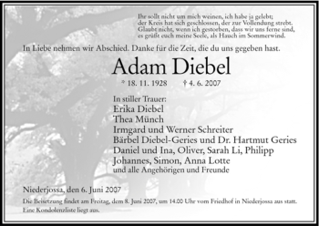 Traueranzeige von Adam Diebel von HERSFELDER ZEITUNG