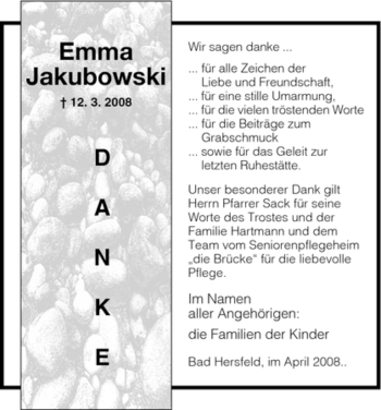 Traueranzeige von Emma Jakubowski von HERSFELDER ZEITUNG