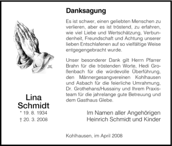 Traueranzeige von Lina Schmidt von HERSFELDER ZEITUNG