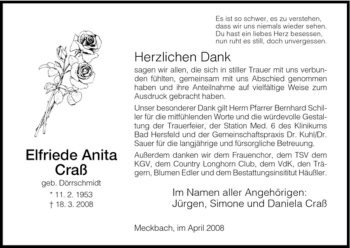 Traueranzeige von Elfriede Anita Craß von HERSFELDER ZEITUNG