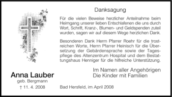 Traueranzeige von Anna Lauber von HERSFELDER ZEITUNG