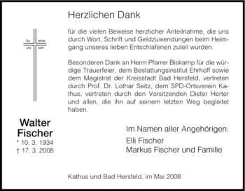 Traueranzeige von Walter Fischer von HERSFELDER ZEITUNG