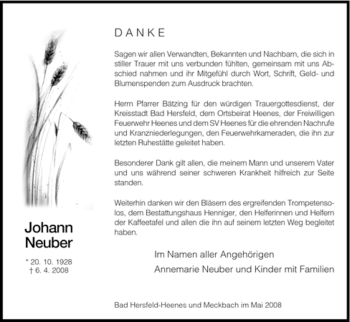 Traueranzeige von Johann Neuber von HERSFELDER ZEITUNG