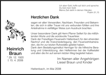 Traueranzeige von Heinrich Braun von HERSFELDER ZEITUNG