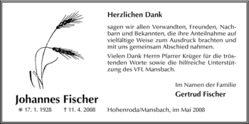 Traueranzeige von Johannes Fischer von HERSFELDER ZEITUNG