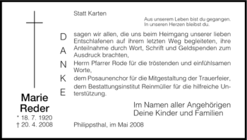 Traueranzeige von Marie Reder von HERSFELDER ZEITUNG