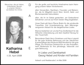 Traueranzeige von Katharina Hebel von HERSFELDER ZEITUNG