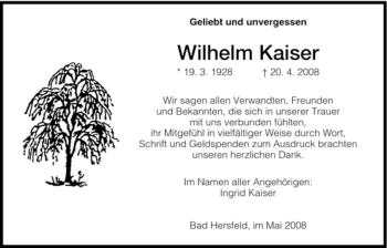 Traueranzeige von Wilhelm Kaiser von HERSFELDER ZEITUNG