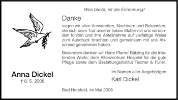 Traueranzeige von Anna Dickel von HERSFELDER ZEITUNG