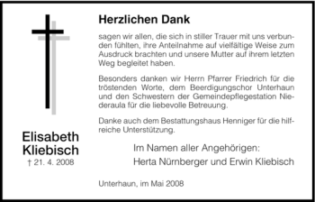 Traueranzeige von Elisabeth Kliebisch von HERSFELDER ZEITUNG