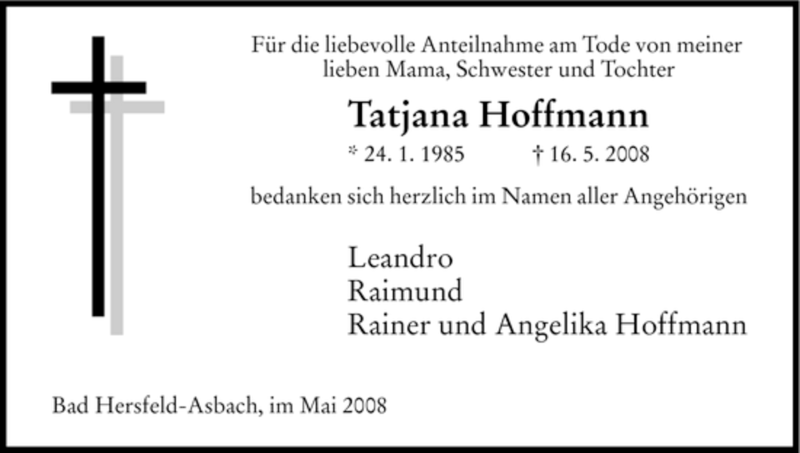  Traueranzeige für Tatjana Hoffmann vom 31.05.2008 aus HERSFELDER ZEITUNG