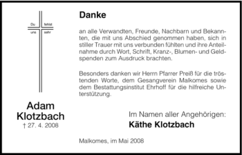 Traueranzeige von Adam Klotzbach von HERSFELDER ZEITUNG