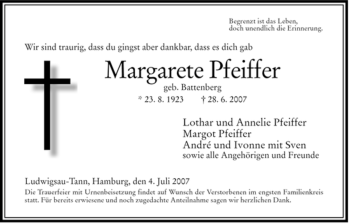 Traueranzeige von Margarete Pfeiffer von HERSFELDER ZEITUNG